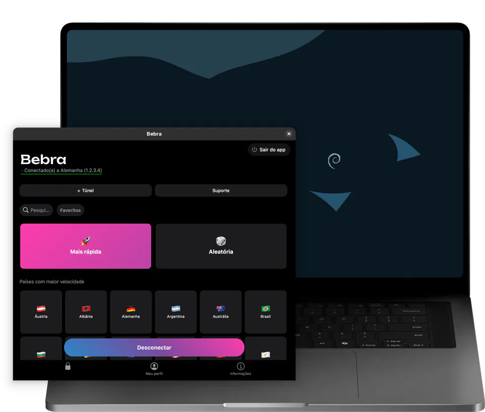 A janela da Bebra em um notebook com Debian: conectada à Alemanha, com os blocos “Mais rápida” e “Aleatória” acima da grade de países
