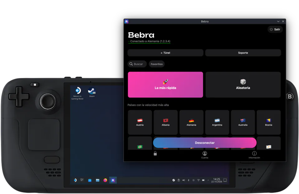 La ventana de Bebra en la Steam Deck en modo escritorio: con conexión a Alemania y las fichas «La más rápida» y «Aleatoria» sobre la cuadrícula de países