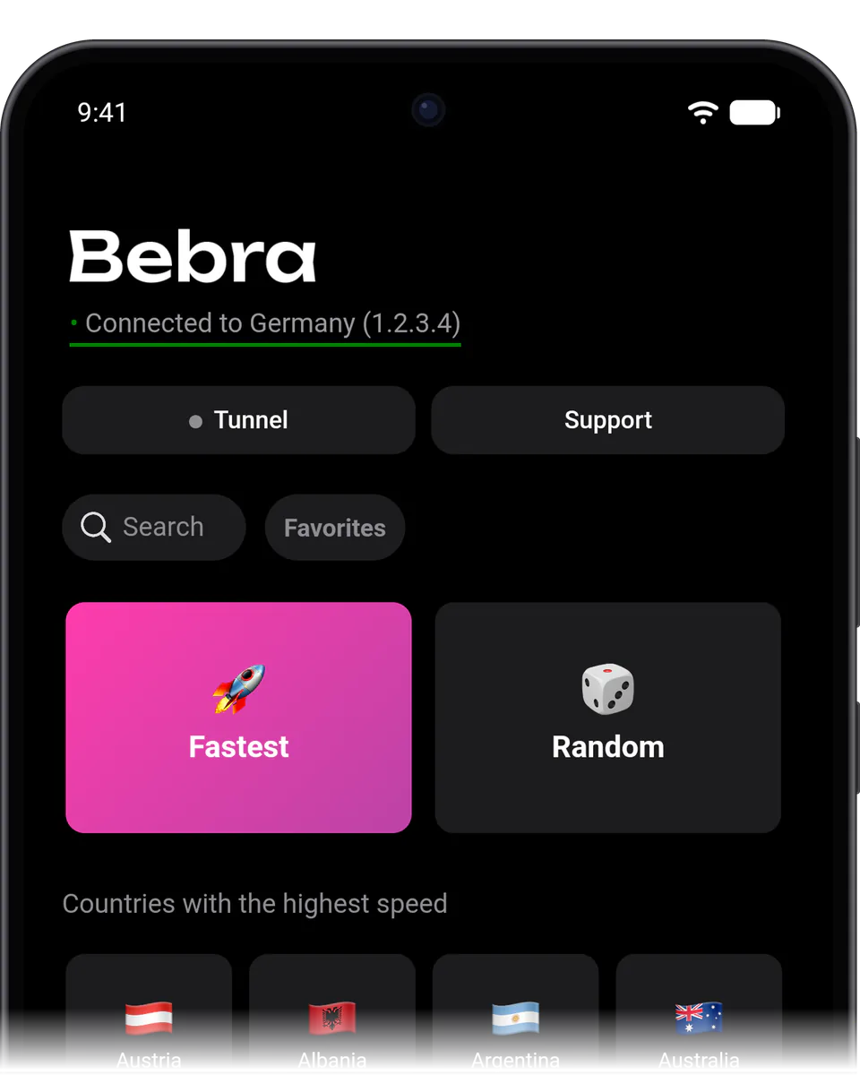 Bebra on a Huawei phone: the main screen, connected to Germany, with the Fastest and Random tiles