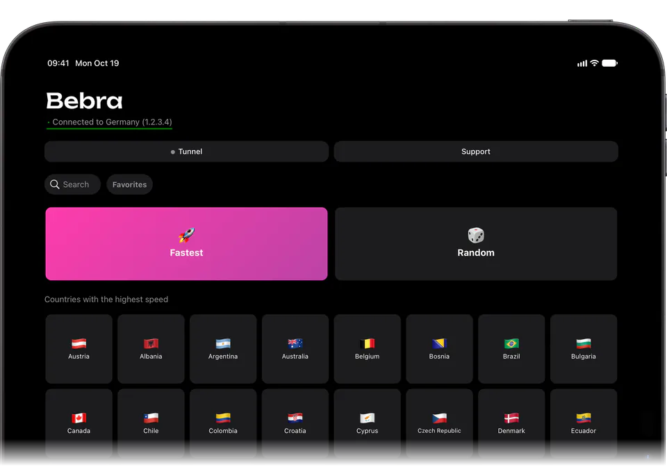 Bebra on an iPad: the main screen, connected to Germany, with the Fastest and Random tiles and two rows of countries