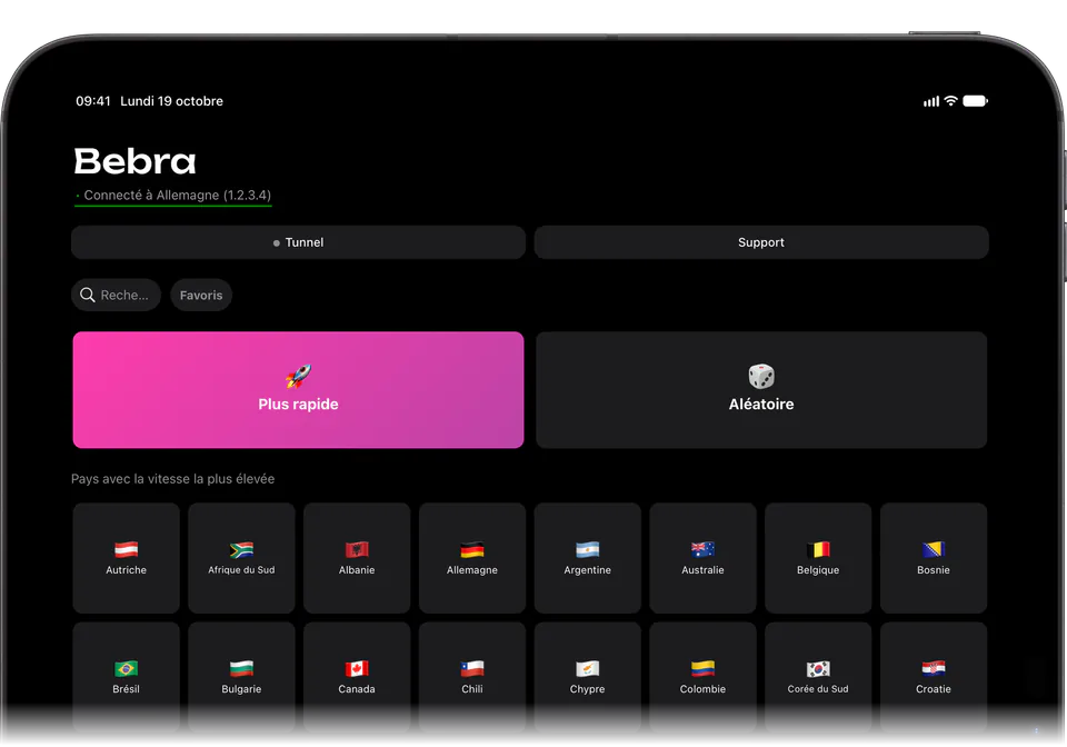 Bebra sur iPad : l’écran principal, connecté à l’Allemagne, avec les tuiles « Plus rapide » et « Aléatoire » et deux rangées de pays