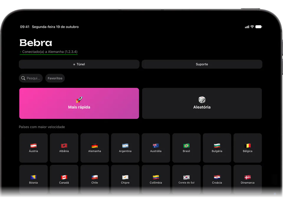 A Bebra no iPad: a tela principal, conectada à Alemanha, com os blocos “Mais rápida” e “Aleatória” e duas fileiras de países