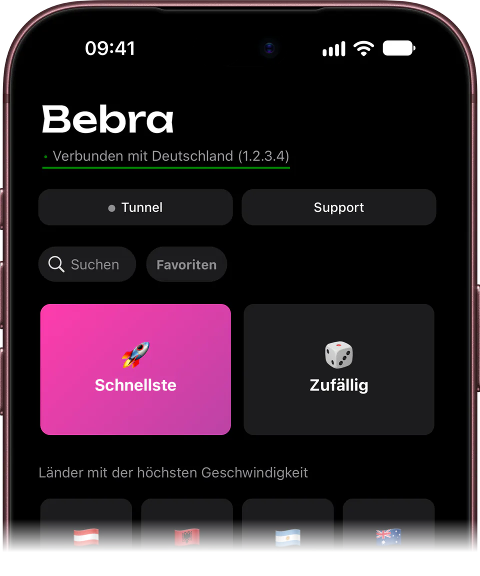 Bebra auf dem iPhone: Hauptbildschirm, verbunden mit Deutschland, Kacheln „Schnellste“ und „Zufällig“