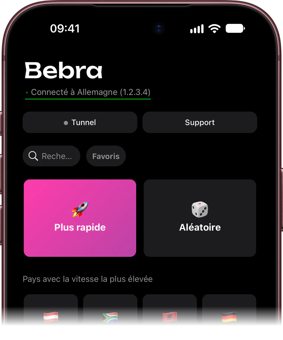 Bebra sur iPhone : l’écran principal, connecté à l’Allemagne, avec les tuiles « Plus rapide » et « Aléatoire »