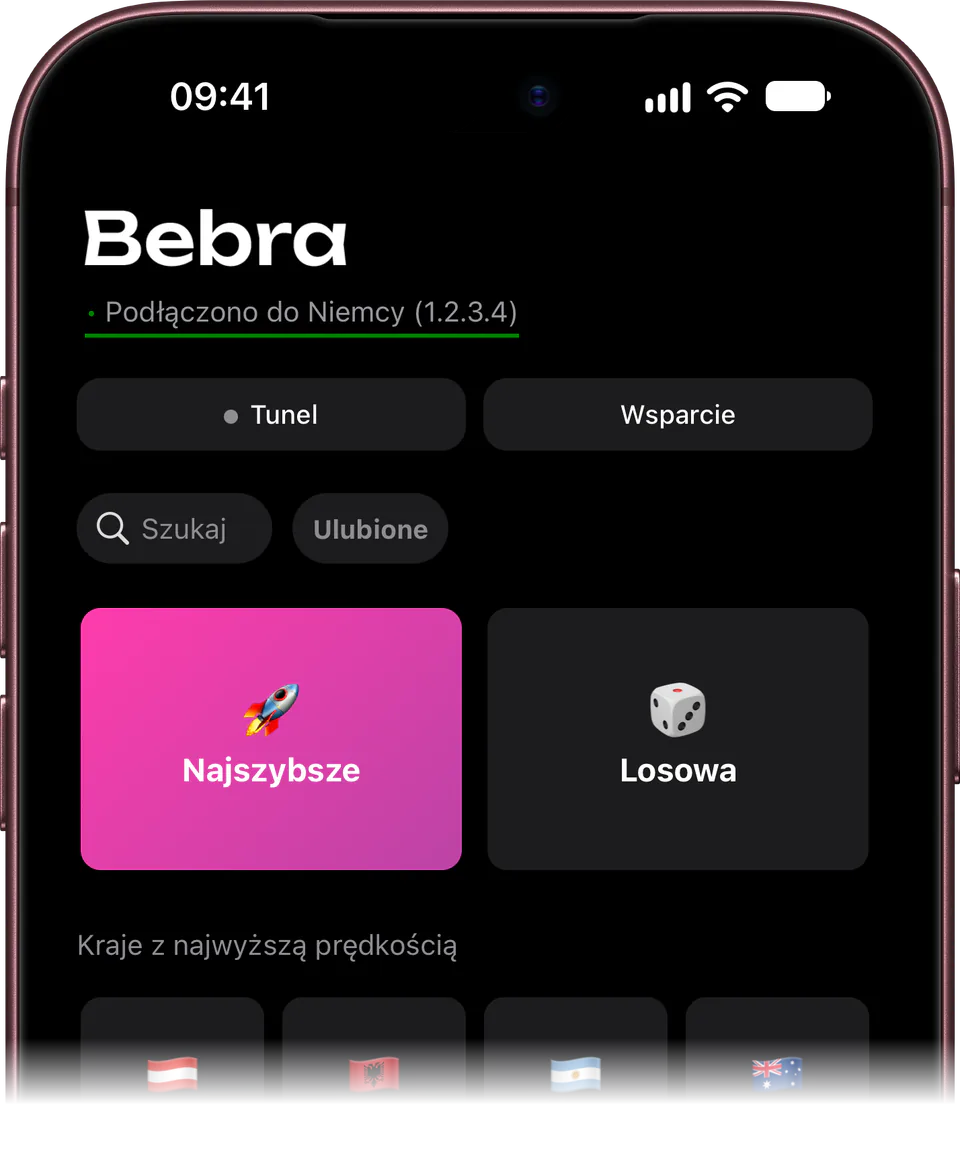 Bebra na iPhonie: ekran główny, połączono z Niemcami, kafelki „Najszybsze” i „Losowa”