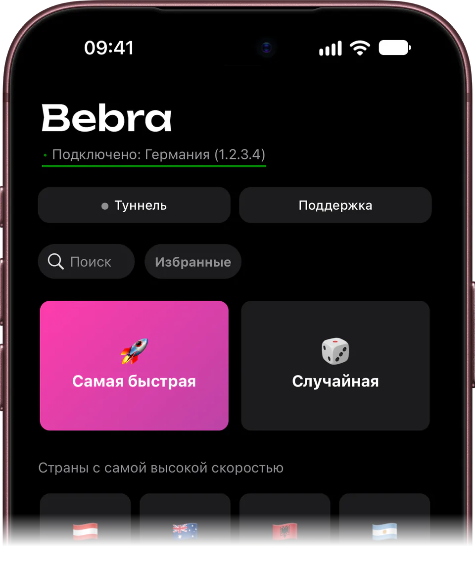 Бебра на iPhone: главный экран, подключено к Германии, плитки «Самая быстрая» и «Случайная»