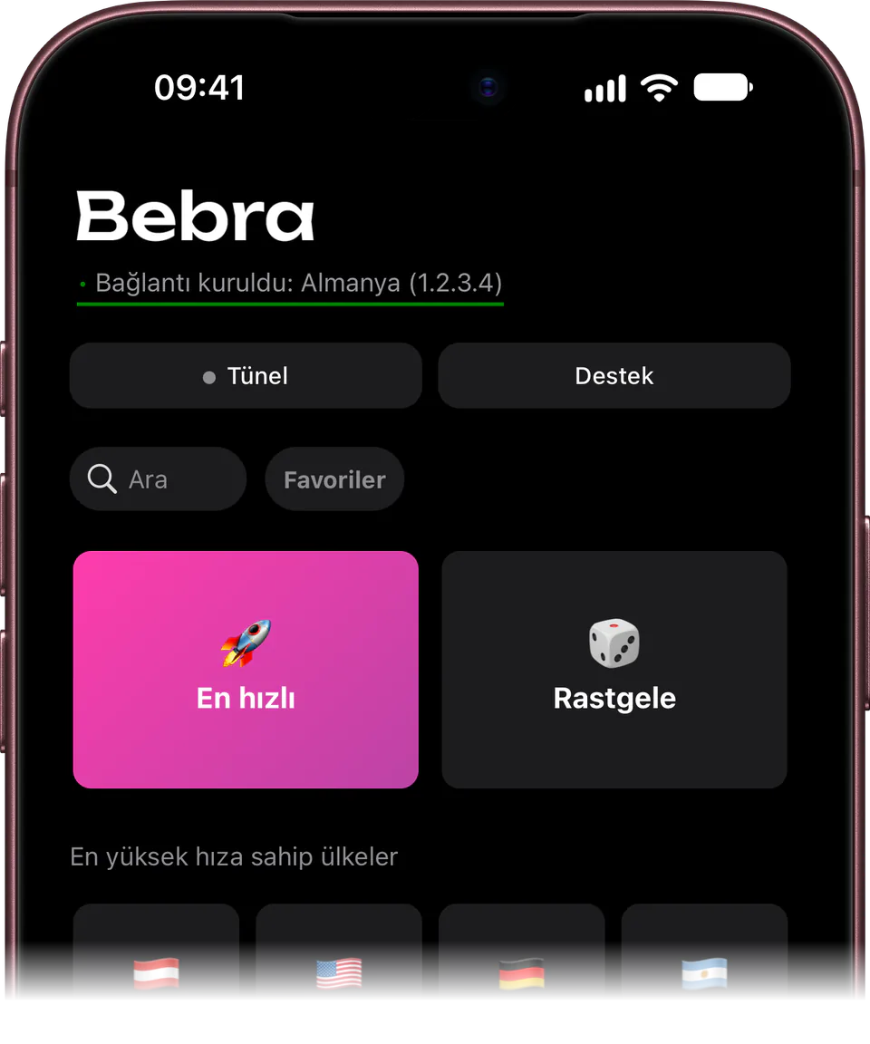 iPhone’da Bebra: ana ekran, Almanya’ya bağlı, “En hızlı” ve “Rastgele” kutucukları