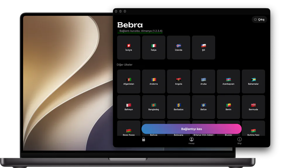 MacBook’ta Bebra penceresi: üstteki ülke kutucukları ve “Diğer ülkeler” listesi, Almanya’ya bağlı