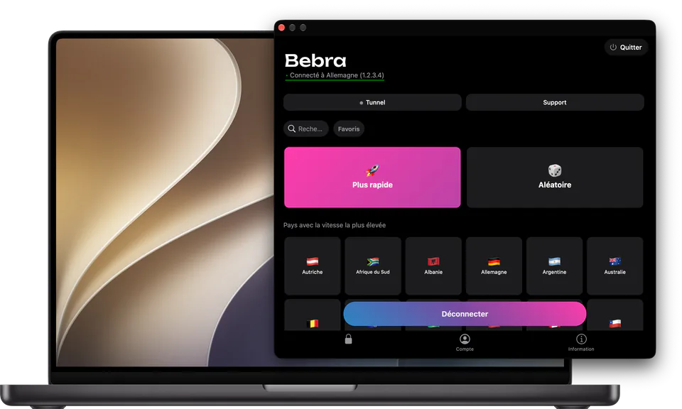 La fenêtre de Bebra sur un MacBook : connectée à l’Allemagne, avec la grille des pays et le bouton « Déconnecter »