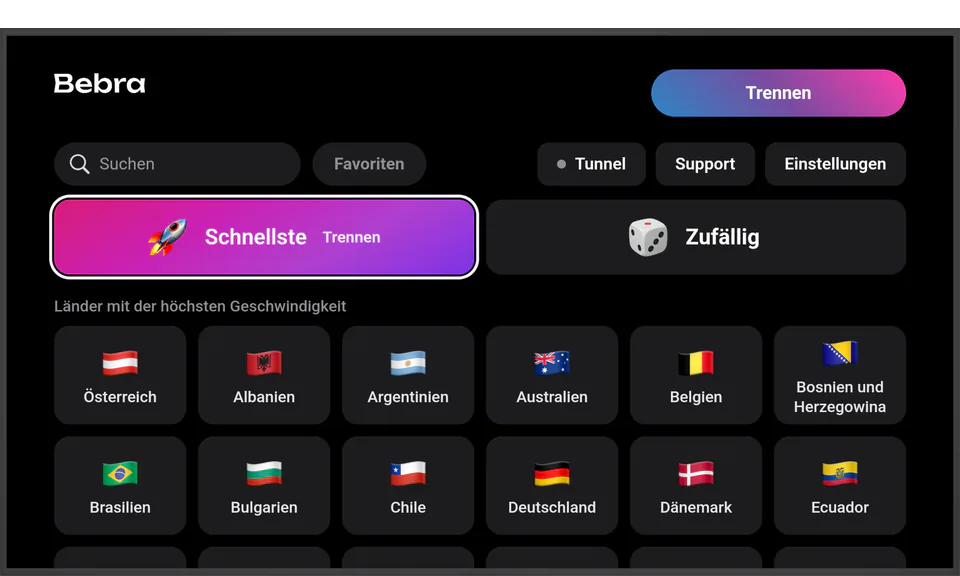 Bebra auf einem Fernseher mit Android TV: verbunden über die Kachel „Schnellste“, daneben die Kachel „Zufällig“, darunter das Länderraster