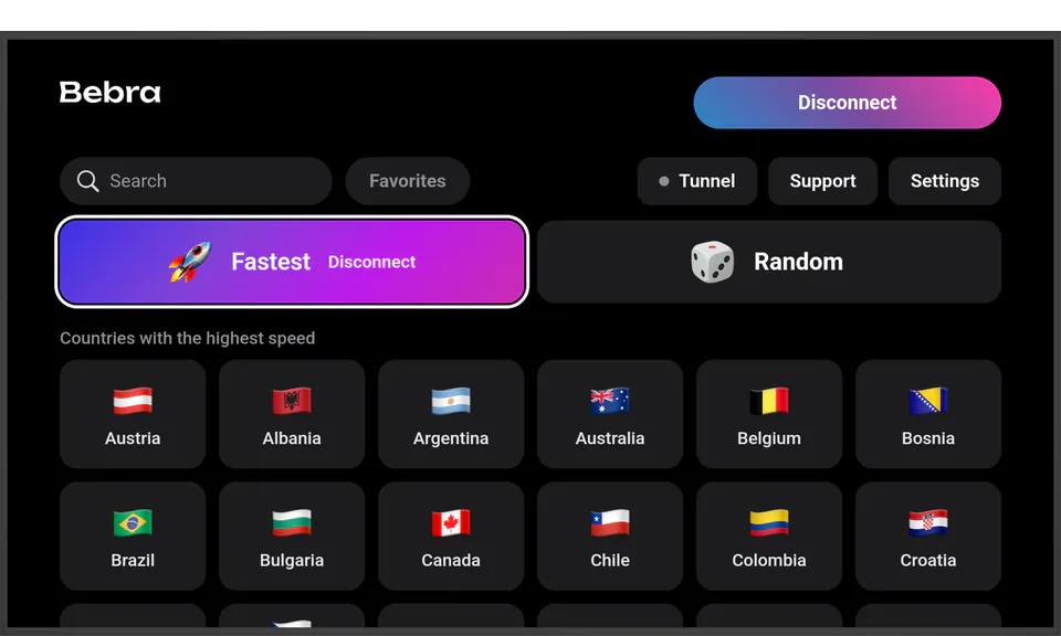 Bebra on a TV with Android TV: connected through the Fastest tile, with the Random tile beside it and the grid of countries below