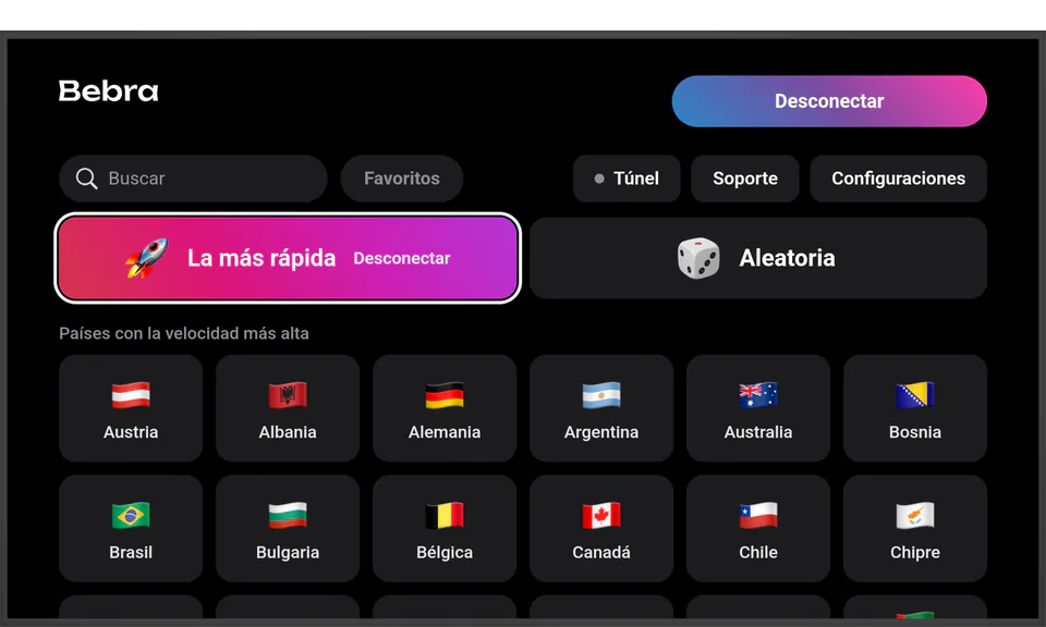 Bebra en un televisor con Android TV: con conexión mediante la ficha «La más rápida», la ficha «Aleatoria» al lado y la cuadrícula de países debajo