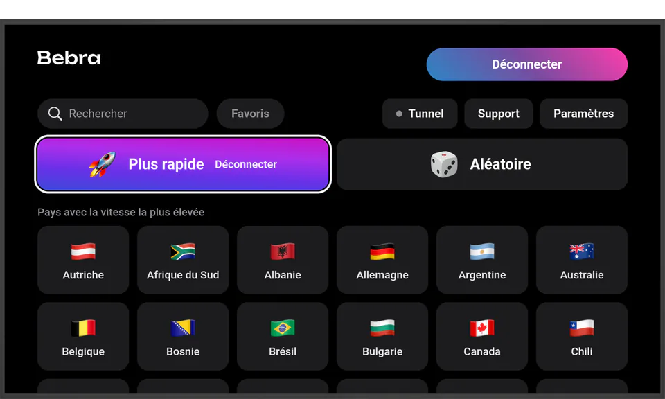 Bebra sur un téléviseur sous Android TV : connecté via la tuile « Plus rapide », avec la tuile « Aléatoire » à côté et la grille des pays en dessous