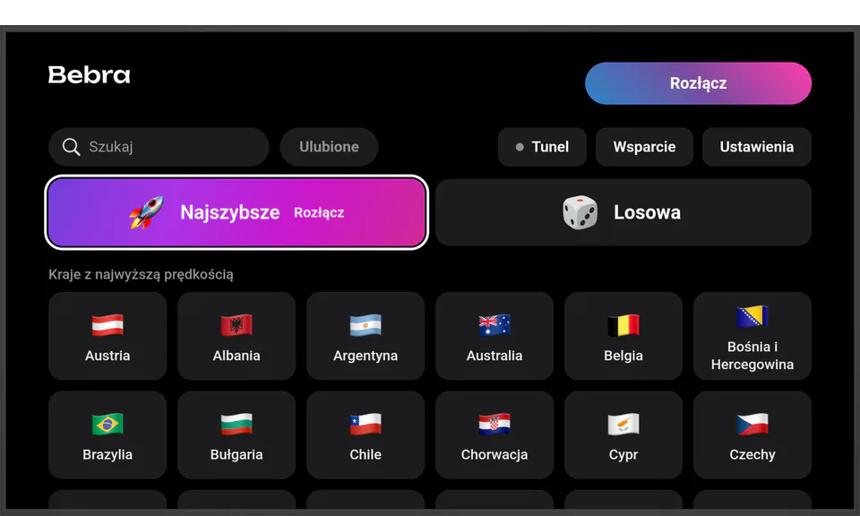 Bebra na telewizorze z Android TV: połączono przez kafelek „Najszybsze”, obok kafelek „Losowa”, niżej siatka krajów