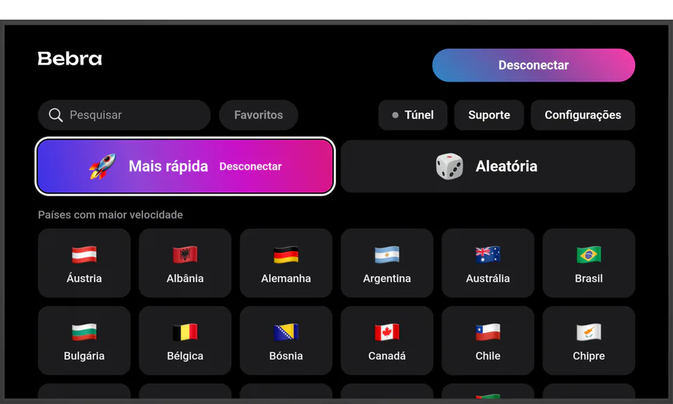 A Bebra em uma TV com Android TV: conectada pelo bloco “Mais rápida”, com o bloco “Aleatória” ao lado e a grade de países abaixo