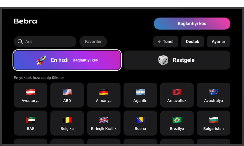 Android TV yüklü televizyonda Bebra: “En hızlı” kutucuğu üzerinden bağlı, yanında “Rastgele” kutucuğu, altında ülke ızgarası