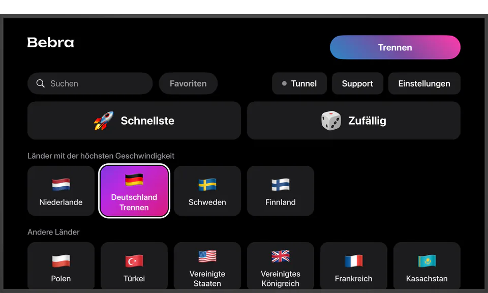 Bebra auf einem Fernseher mit Apple TV: verbunden mit Deutschland, Kacheln „Schnellste“ und „Zufällig“ und die erste Reihe Länder