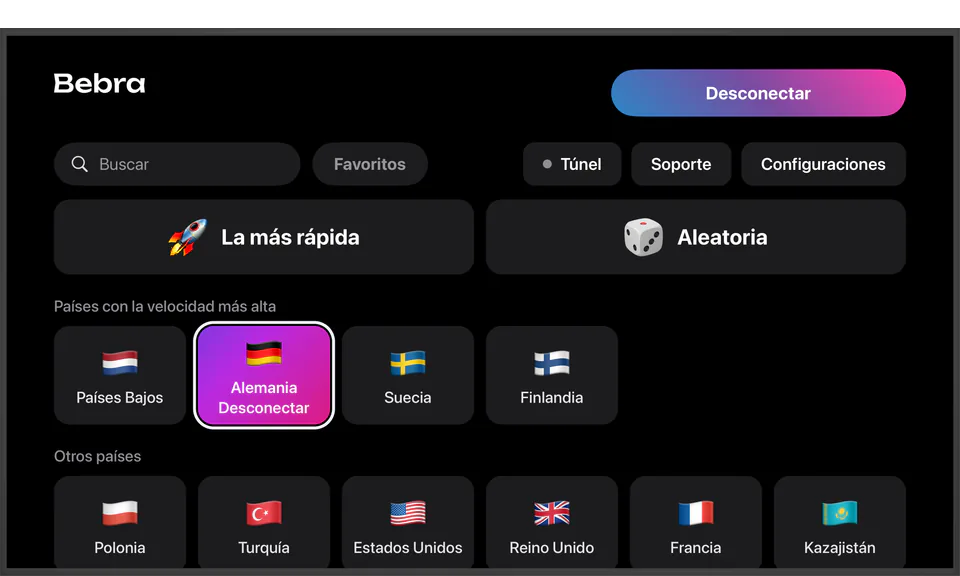 Bebra en un televisor con Apple TV: con conexión a Alemania, las fichas «La más rápida» y «Aleatoria» y la primera fila de países