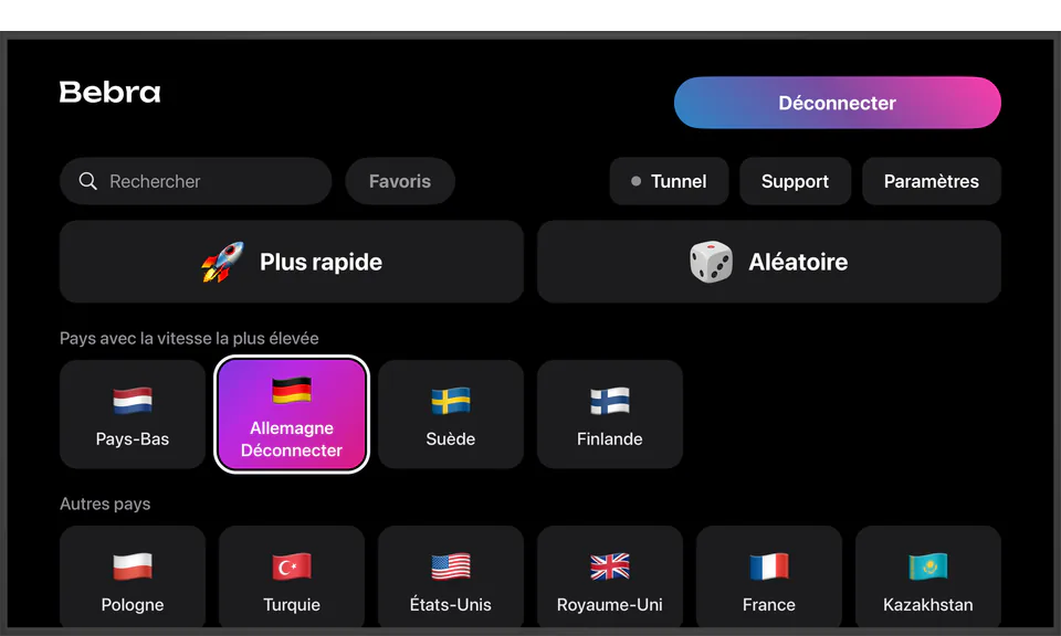 Bebra sur un téléviseur avec Apple TV : connecté à l’Allemagne, avec les tuiles « Plus rapide » et « Aléatoire » et la première rangée de pays