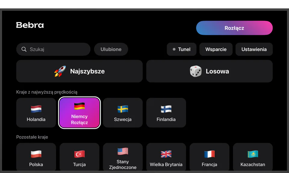 Bebra na telewizorze z Apple TV: połączono z Niemcami, kafelki „Najszybsze” i „Losowa” oraz pierwszy rząd krajów
