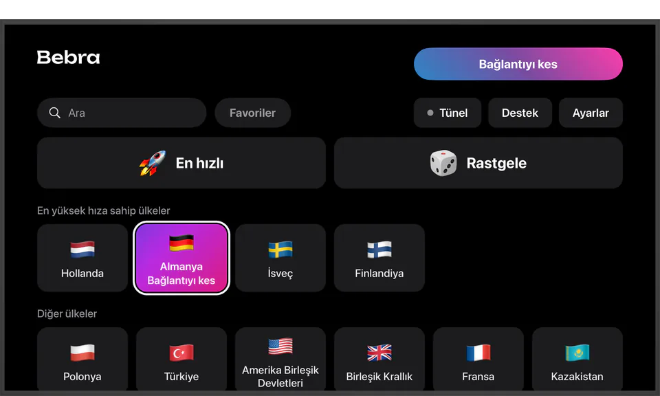 Apple TV bağlı televizyonda Bebra: Almanya’ya bağlı, “En hızlı” ve “Rastgele” kutucukları ve ilk sıra ülkeler