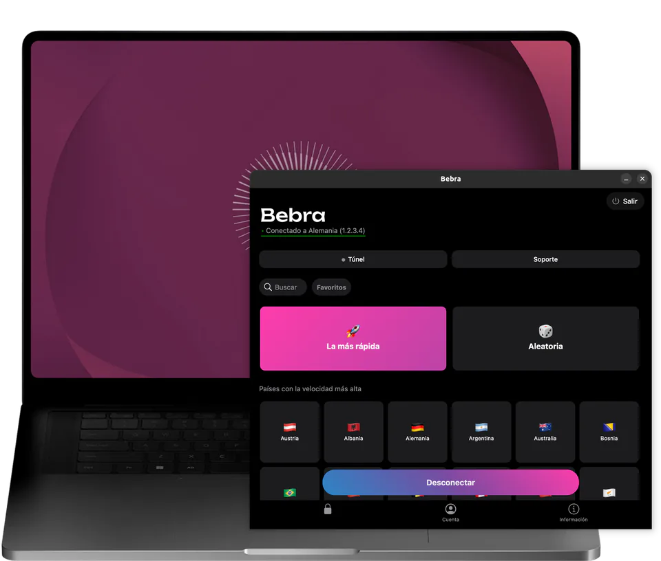 La ventana de Bebra en un portátil con Ubuntu: con conexión a Alemania y las fichas «La más rápida» y «Aleatoria» sobre la cuadrícula de países
