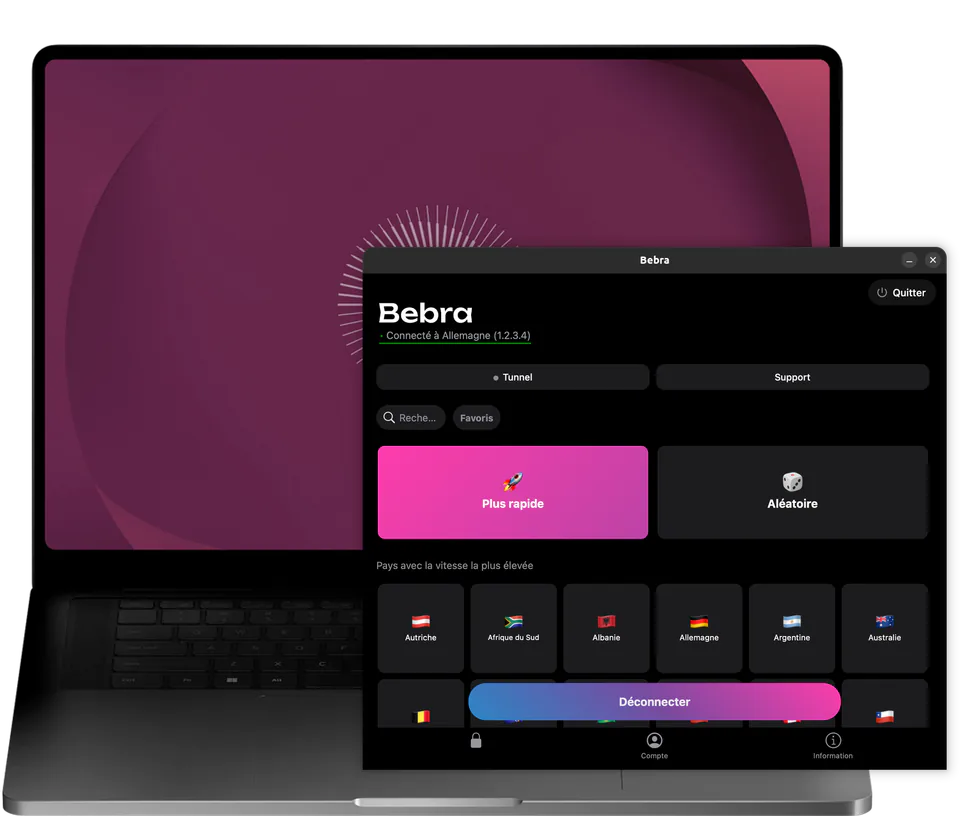La fenêtre de Bebra sur un portable sous Ubuntu : connectée à l’Allemagne, avec les tuiles « Plus rapide » et « Aléatoire » au-dessus de la grille des pays
