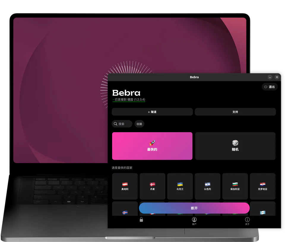 Ubuntu 笔记本电脑上的 Bebra 窗口:已连接到德国,国家网格上方是“最快的”和“随机”方块