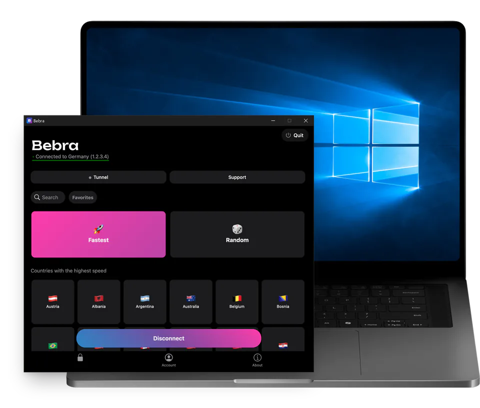 The Bebra window on a Windows 10 laptop: connected to Germany, with the Fastest and Random tiles above the grid of countries