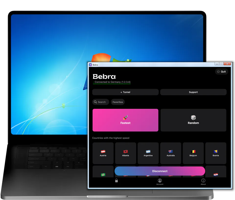 The Bebra window on a Windows 7 laptop: connected to Germany, with the Fastest and Random tiles above the grid of countries