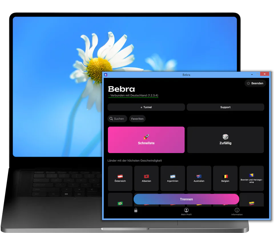 Das Bebra-Fenster auf einem Laptop mit Windows 8: verbunden mit Deutschland, Kacheln „Schnellste“ und „Zufällig“ über dem Länderraster
