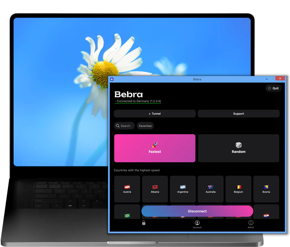 The Bebra window on a Windows 8 laptop: connected to Germany, with the Fastest and Random tiles above the grid of countries