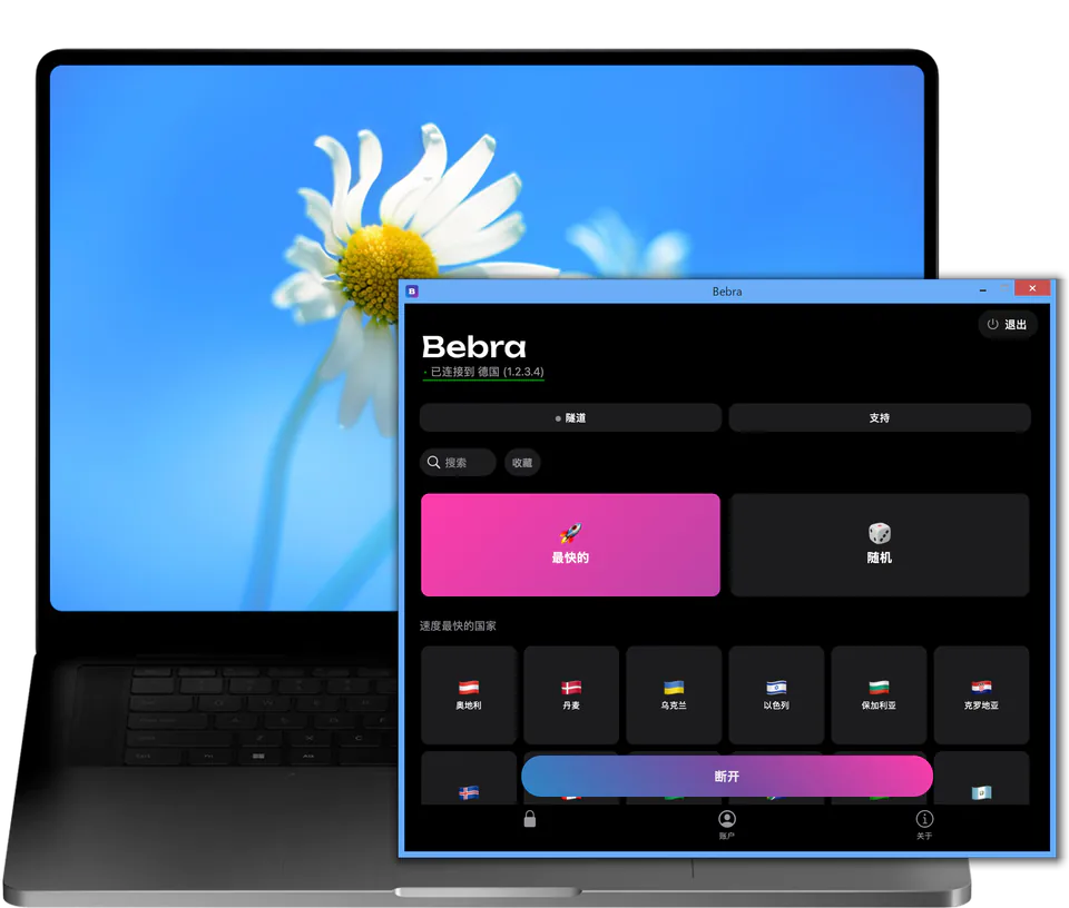 Windows 8 笔记本电脑上的 Bebra 窗口:已连接到德国,国家网格上方是“最快的”和“随机”方块