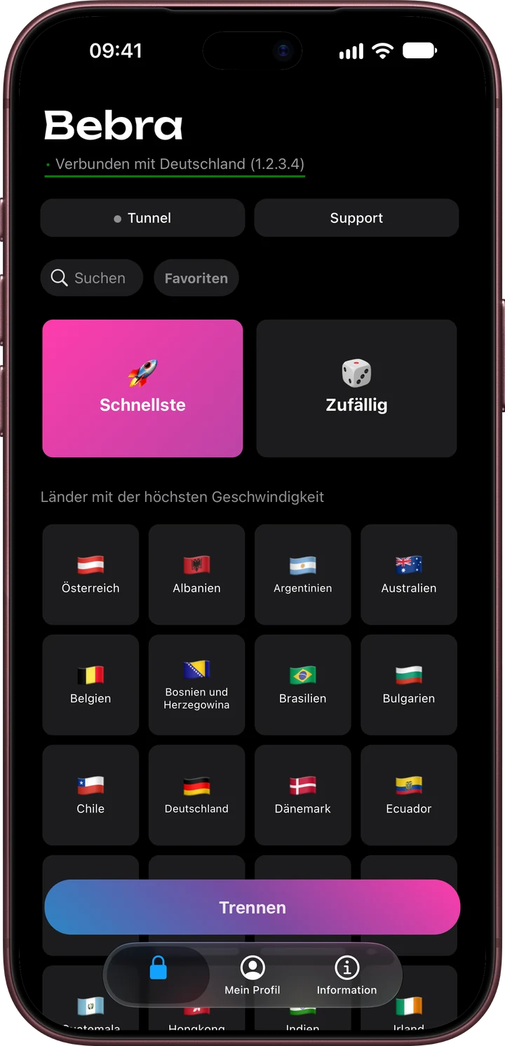 Bebra PROXY auf dem iPhone: der Hauptbildschirm mit den Kacheln „Schnellste“ und „Zufällig“ und dem Länderraster
