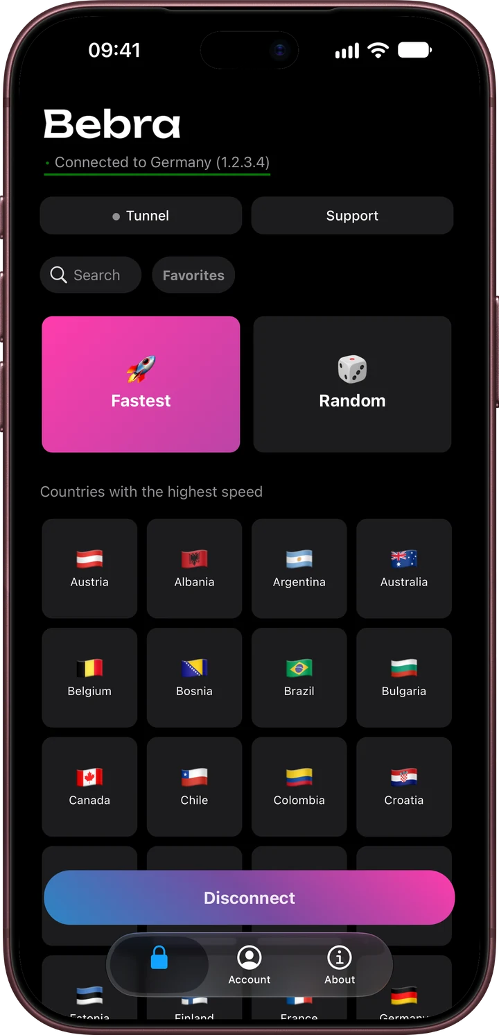 Bebra PROXY on iPhone: the main screen with the Fastest and Random tiles and a grid of countries