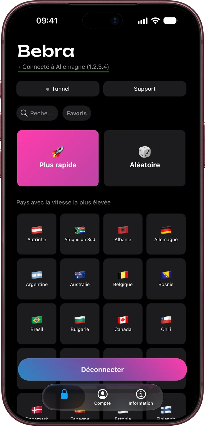 Bebra PROXY sur iPhone : l’écran principal avec les tuiles « Plus rapide » et « Aléatoire » et la grille des pays