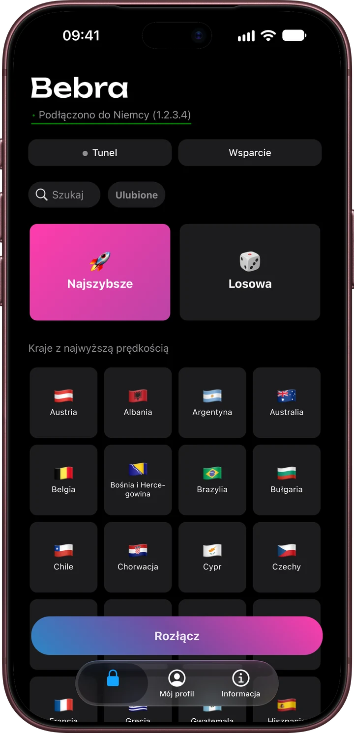 Bebra PROXY na iPhonie: ekran główny z kafelkami „Najszybsze” i „Losowa” oraz siatką krajów