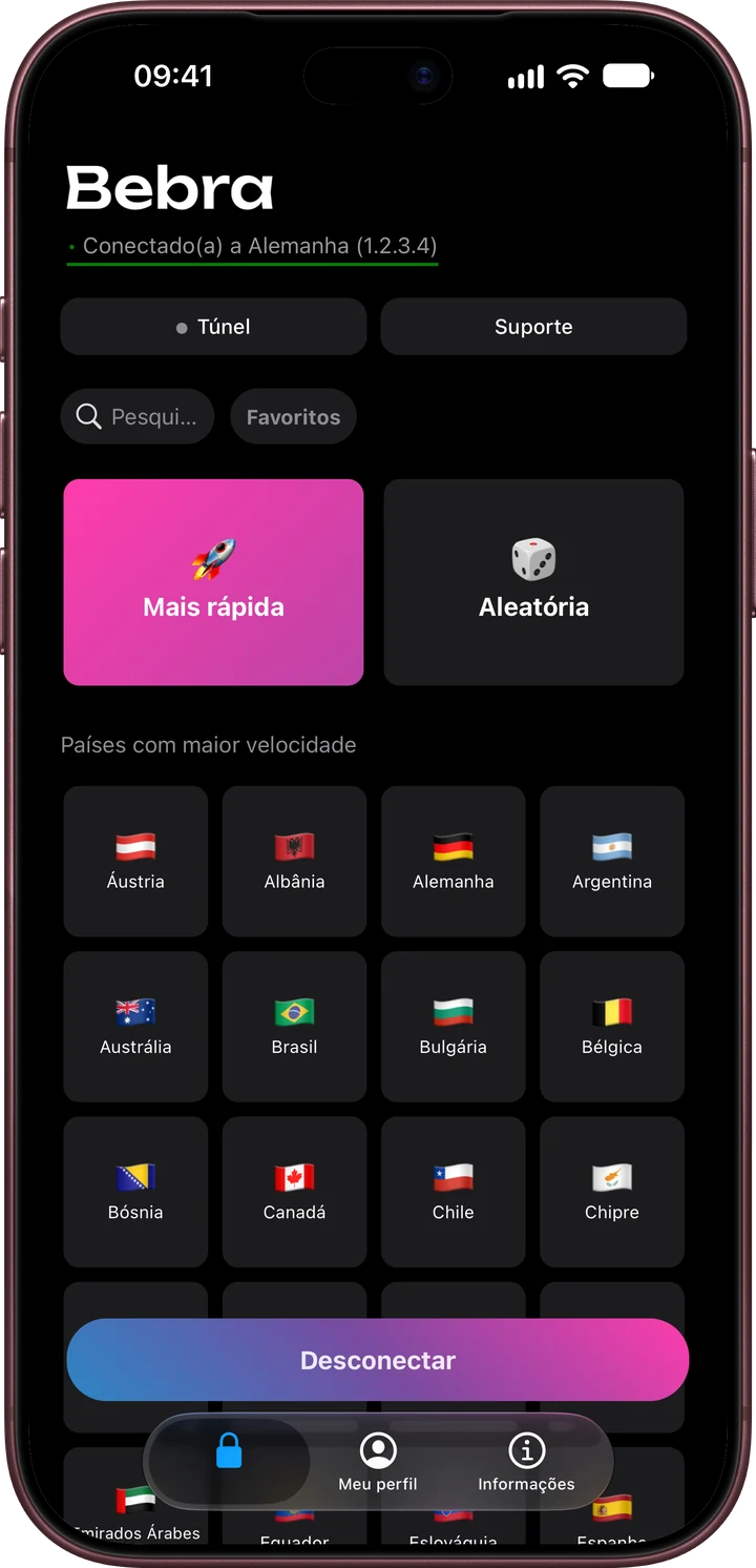 Bebra PROXY no iPhone: a tela principal com os blocos “Mais rápida” e “Aleatória” e a grade de países