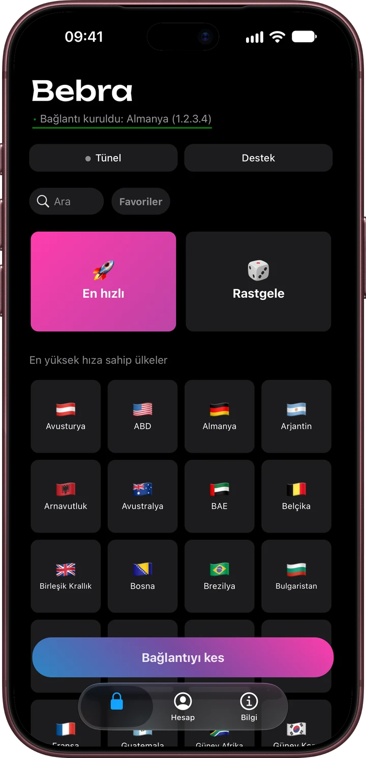 iPhone’da Bebra PROXY ana ekranı: “En hızlı” ve “Rastgele” kutucukları, ülke ızgarası