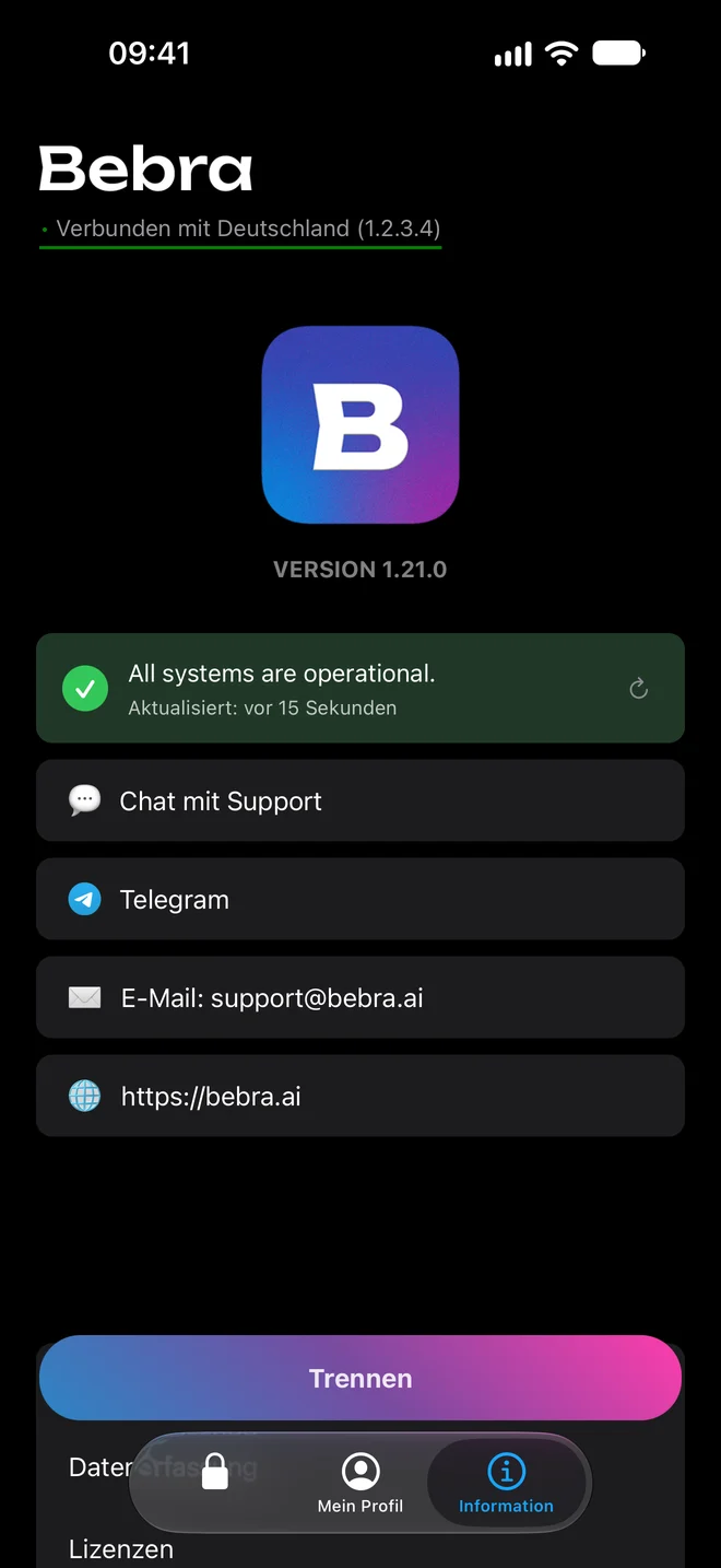 Der Tab „Information“ von Bebra PROXY auf dem iPhone: Dienststatus, Chat mit dem Support, Telegram, E-Mail und Website