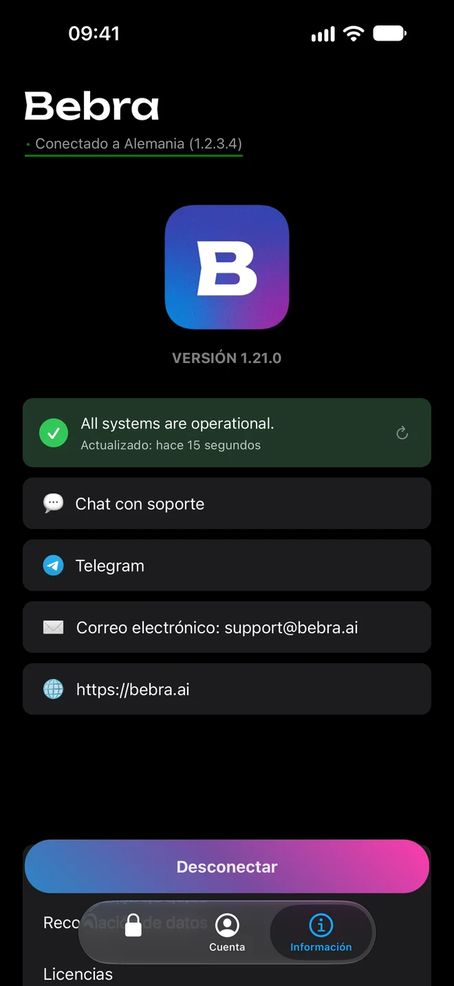 La pestaña «Información» de Bebra PROXY en el iPhone: estado del servicio, chat con soporte, Telegram, correo electrónico y sitio web