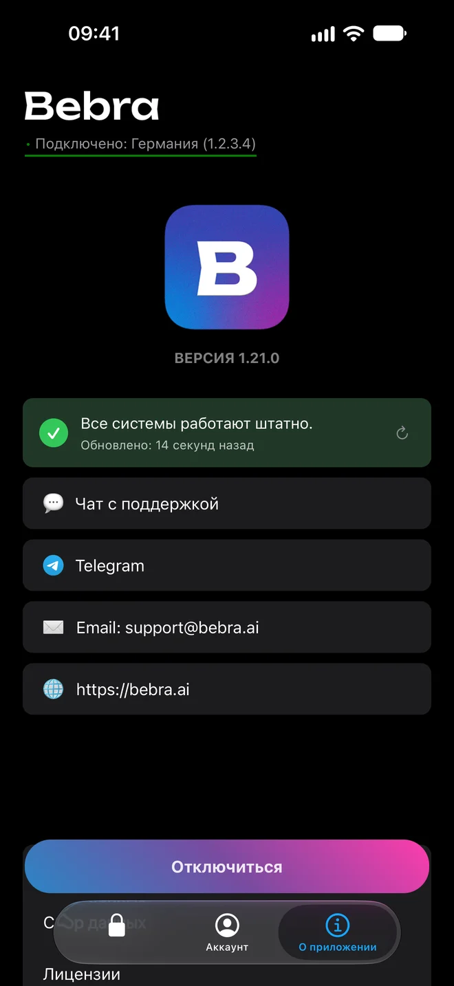 Вкладка «О приложении» в Бебре на iPhone: статус сервиса, чат с поддержкой, Telegram, почта и сайт