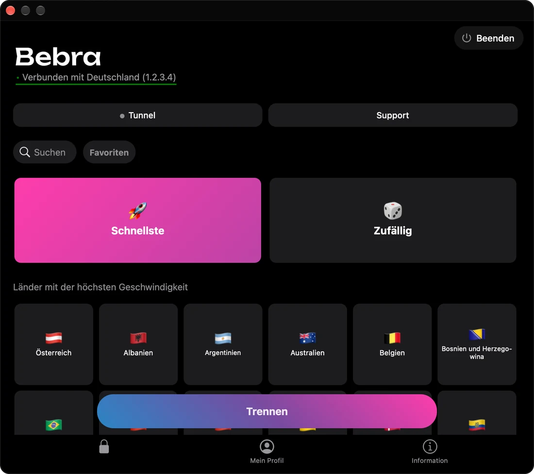 Fenster von Bebra PROXY auf dem Mac: verbunden mit Deutschland, darunter das Länderraster
