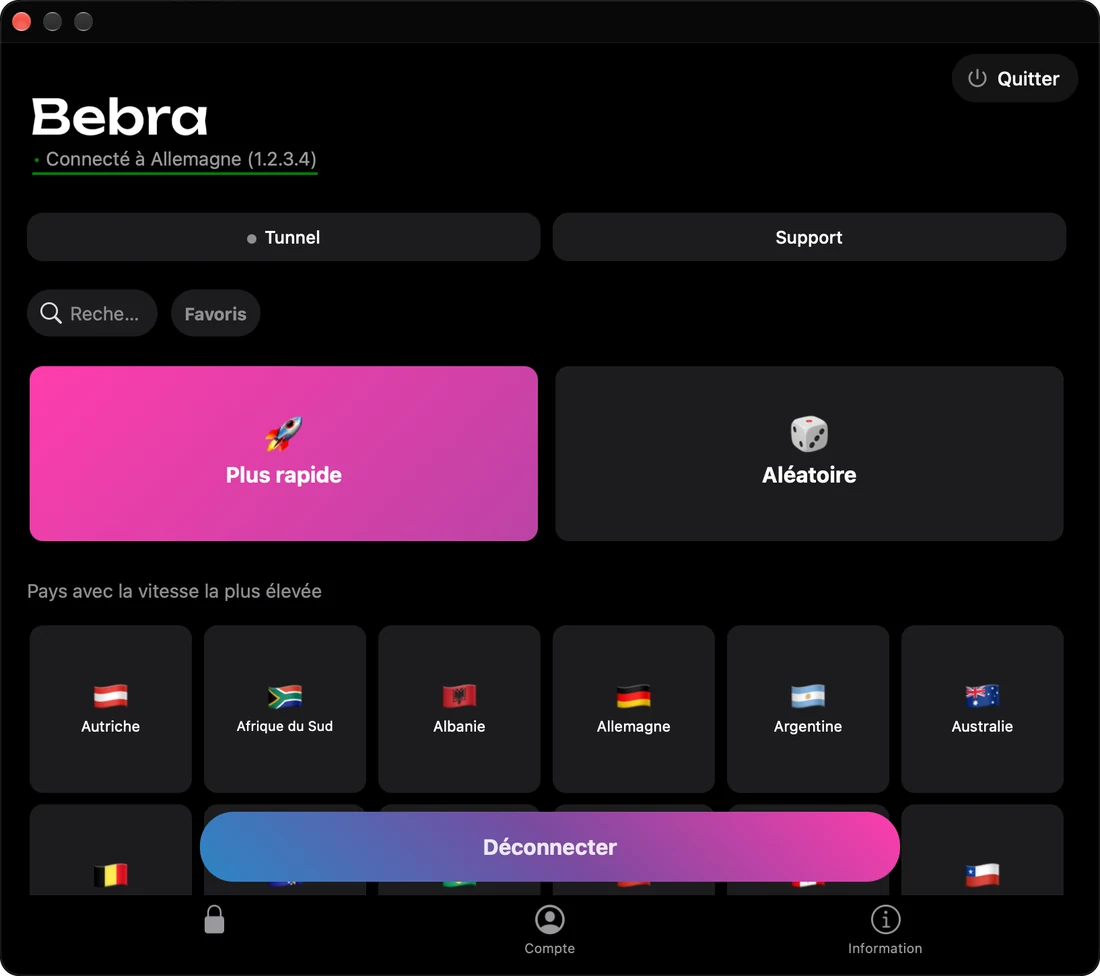Fenêtre de Bebra sur Mac, connectée à l’Allemagne, avec la grille des pays en dessous