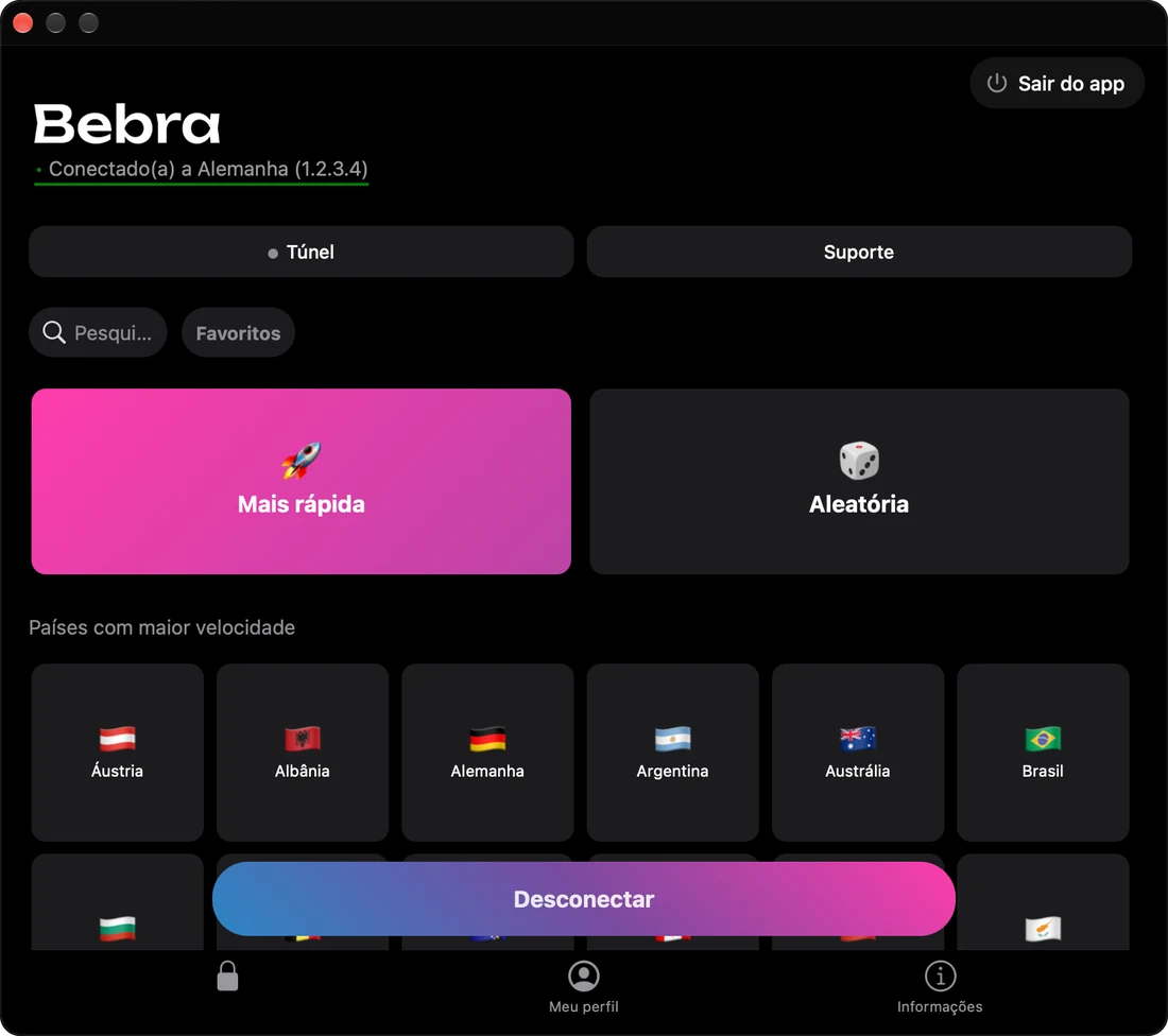 Janela da Bebra no Mac, conectada à Alemanha, com a grade de países embaixo