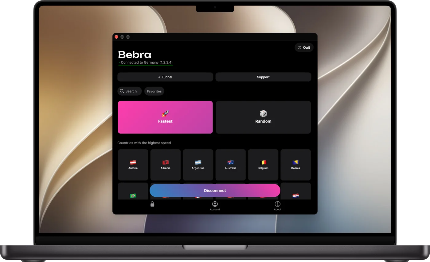 Bebra PROXY on a MacBook: the country grid with the Fastest and Random tiles